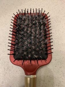 A hair brush covered in lint-like fungus needs a soaking bleach bath cleaning