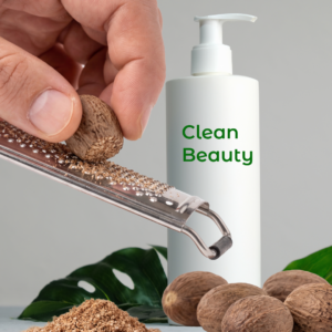 Whole nutmeg beside clean beauty product - natural does not mean safe - Wicked Hues New Orleans