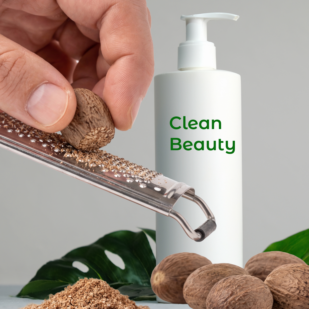 Whole nutmeg beside clean beauty product - natural does not mean safe - Wicked Hues New Orleans