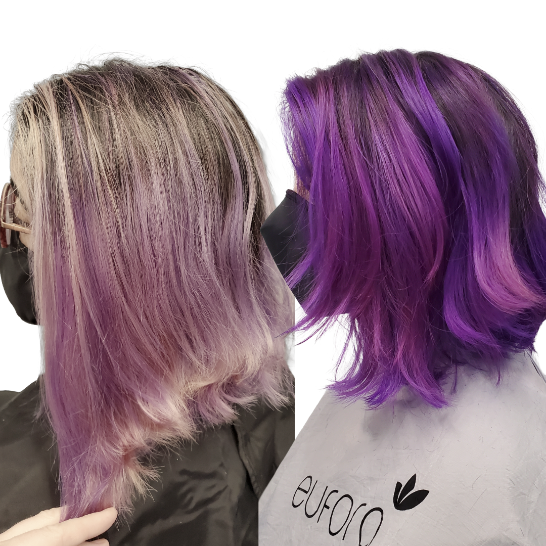 Vivid hair color fading comparison - fresh vs faded - why hair color fades fast - Wicked Hues New Orleans