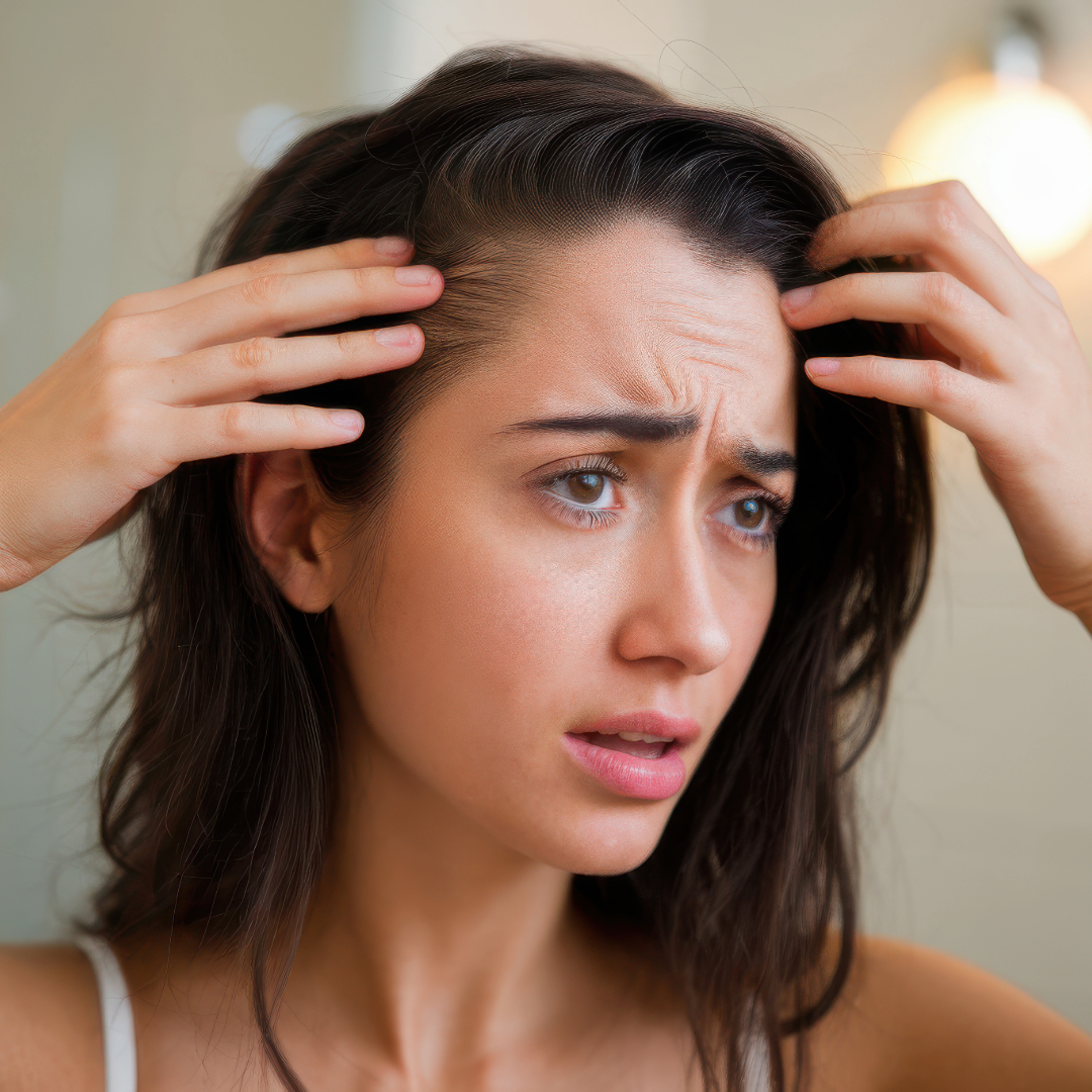 Person gently touching scalp - navigating hair loss with hope and professional support - Wicked Hues New Orleans