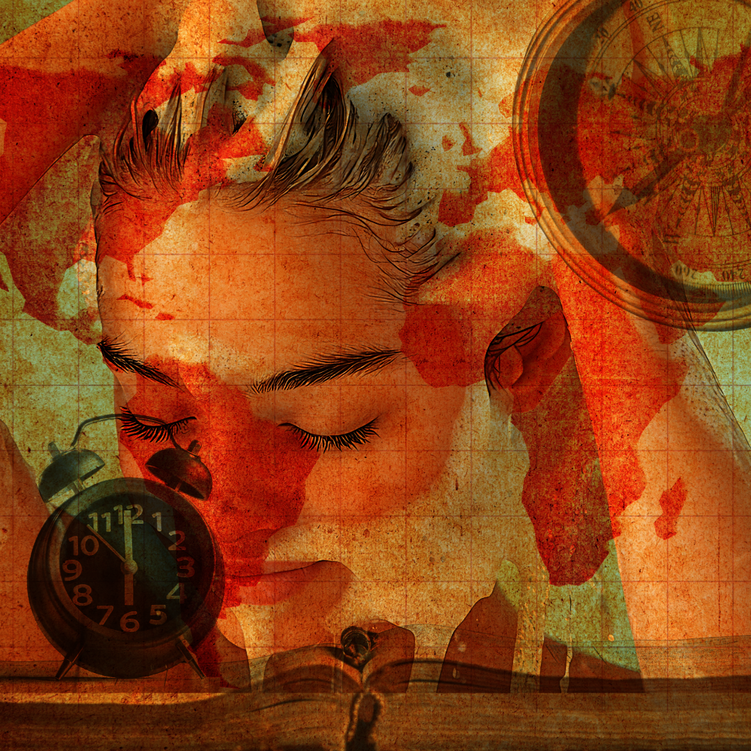 Composite illustration of a woman's downturned face layered over a vintage world map with a clock and compass, representing 5,000 years of hair care history across African, European, and South Asian civilizations