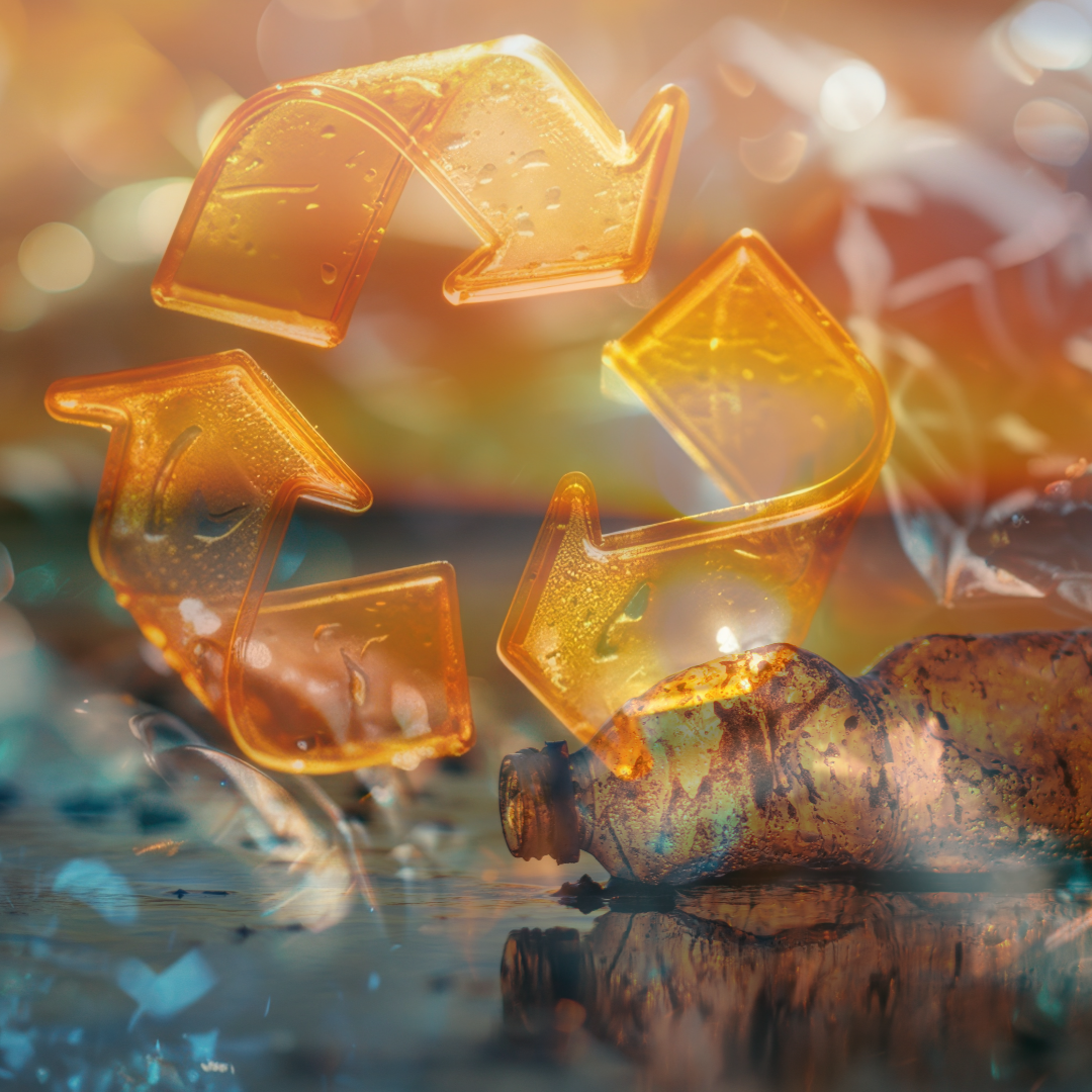 A weathered, degraded plastic bottle lying in water beside a translucent amber recycling symbol, illustrating the gap between recycling infrastructure promises and the reality of plastic waste