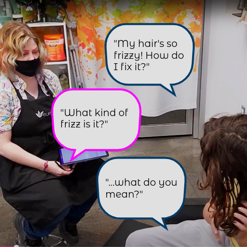 Hair stylist Anna crouches beside a seated client at Wicked Hues salon in Mid-City New Orleans. Speech bubbles show a consultation exchange: the client says "My hair's so frizzy! How do I fix it?" Anna responds "What kind of frizz is it?" and the client replies "...what do you mean?"